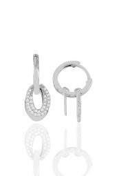 Gümüş rodyumlu zirkon taşlı oval sallantılı  halka küpe - 1