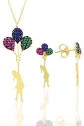 Gümüş altın yaldızlı balonlu kız kolye ve küpe seti thumbnail 1