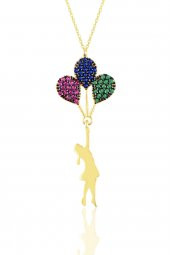 Gümüş altın yaldızlı balonlu kız kolye ve küpe seti thumbnail 2