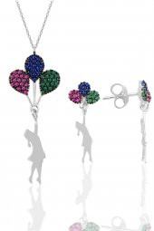 Gümüş rodyumlu balonlu kız kolye ve küpe seti thumbnail 1