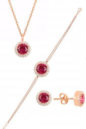 Gümüş rose zirkon ve  kök yakut taşlı pırlanta modeli üçlü set SGTL11175KIRMIZI - 1