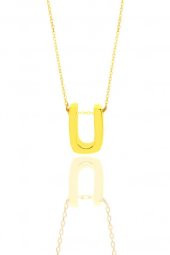 Gümüş altın yaldızlı üç boyutlu minimal Ü harf kolye thumbnail 1