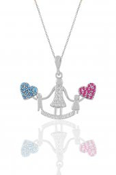 Gümüş rodyumlu kök yakut ve turkuaz taşlı kalpli anne ve çocuklar kolye - 1