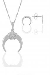 Gümüş rodyumlu zirkon taşlı ters  hilal kolye ve küpe seti - 1