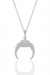 Gümüş rodyumlu zirkon taşlı ters  hilal kolye ve küpe seti - 2