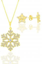 Gümüş  altın yaldızlı zirkon taşlı kar tanesi kolye ve küpe seti - 1