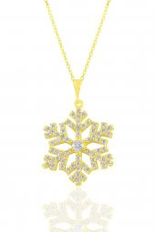 Gümüş  altın yaldızlı zirkon taşlı kar tanesi kolye ve küpe seti - 2