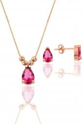 Gümüş rose yakut renkli dorica damla kolye ve çivi modeli küpe seti - 1