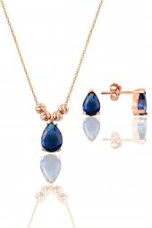 Gümüş rose safir renkli dorica damla kolye ve çivi modeli küpe seti - 1