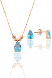 Gümüş rose akuamarin renkli dorica damla kolye ve çivi modeli küpe seti - 1
