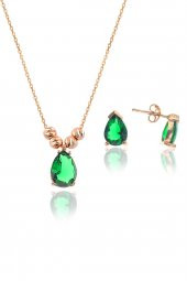 Gümüş rose kök zümrüt taşlı  dorica damla kolye ve çivi modeli küpe seti - 1