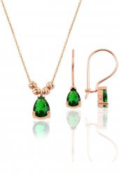 Gümüş rose kök zümrüt taşlı dorica damla kolye ve çengelli küpe seti - 1