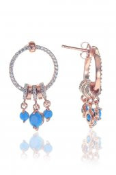 Gümüş rose turkuaz taşlı sallantılı ring küpe - 1