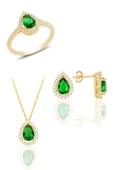 Gümüş altın yaldızlı kök zümrüt taşlı damla modeli üçlü set SGTL11517YESIL thumbnail 1