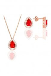 Gümüş rose kırmızı taşlı damla modeli ikili set thumbnail 1