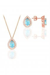 Gümüş rose akuamarin taşlı damla modeli ikili set thumbnail 1