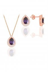 Gümüş rose ametis taşlı damla modeli ikili set thumbnail 1