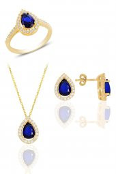 Gümüş altın yaldızlı safir taşlı damla modeli üçlü set SGTL11517LACIVERT - 1