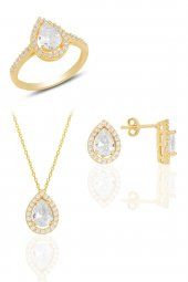 Gümüş altın yaldızlı zirkon taşlı damla modeli üçlü set SGTL11517BEYAZ thumbnail 1