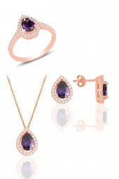 Gümüş rose ametis taşlı damla modeli üçlü set SGTL11512MOR thumbnail 1