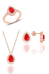 Gümüş rose kırmızı taşlı damla modeli üçlü set SGTL11512KIRMIZI thumbnail 1