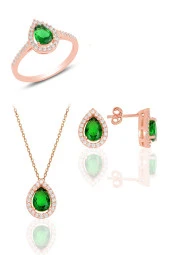 Gümüş rose kök zümrüt taşlı damla modeli üçlü set SGTL11512YESIL thumbnail 1