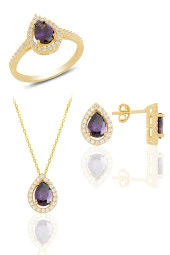 Gümüş altın yaldızlı ametis taşlı damla modeli üçlü set SGTL11517MOR thumbnail 1