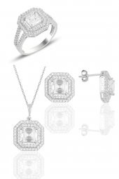 Gümüş rodyumlu özel tasarım baget kesim zirkon taşlı üçlü set SGTL11563RODAJ thumbnail 1