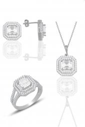 Gümüş rodyumlu özel tasarım baget kesim zirkon taşlı üçlü set SGTL11563RODAJ thumbnail 5