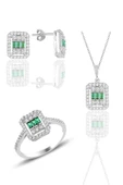 Gümüş beyaz altın rodyumlu baget kesim kök zümrüt taşlı çizgili üçlü set SGTL11561YESIL thumbnail 1