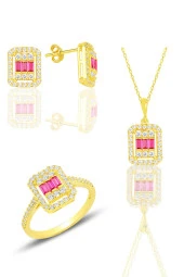 Gümüş altın yaldızlı baget kesim kök yakut taşlı çizgili üçlü set SGTL11562KIRMIZI - 1