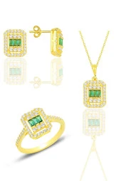 Gümüş  altın yaldızlı baget kesim kök zümrüt taşlı çizgili üçlü set SGTL11562YESIL thumbnail 1