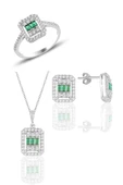 Gümüş beyaz altın rodyumlu baget kesim kök zümrüt taşlı çizgili üçlü set SGTL11561YESIL thumbnail 2