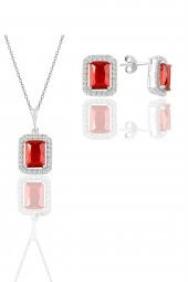 Gümüş rodyumlu kırmızı taşlı baget kesim ikili set - 1
