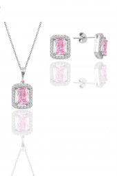 Gümüş rodyumlu pembe taşlı baget kesim ikili set - 1