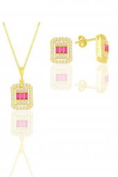 Gümüş altın yaldızlı baget kesim kök yakut taşlı ikili set - 1