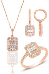 Gümüş rose baget taşlı çizgili üçlü set SGTL11565ROSE thumbnail 1