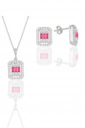 Gümüş beyaz altın rodyumlu baget kesim kök yakut taşlı ikiliüçlü set - 1