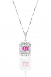 Gümüş beyaz altın rodyumlu baget kesim kök yakut taşlı çizgili kolye - 1