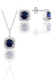 Gümüş beyaz altın rodyumlu safir taşlı kare ikili set - 1