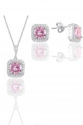 Gümüş beyaz altın rodyumlu pembe taşlı kare ikili set - 1