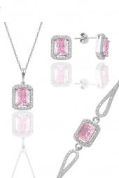 Gümüş rodyumlu pembe taşlı baget kesim üçlü set thumbnail 2