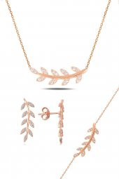 Gümüş rose zirkon taşlı yaprak  üçlü set thumbnail 1