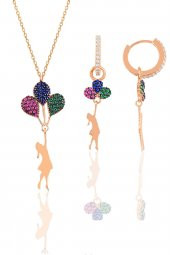 Gümüş rose balonlu kız kolye ve küpe gümüş set - 1