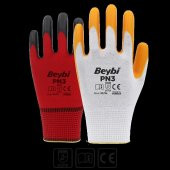 Beybi PN3 Beyaz Sarı 10 Beden Polyester Örme Nitril Eldiven 12li Paket EN388 (2121X) - 1