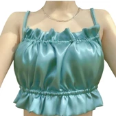 ASM0280 Bayan Su Yeşili Kare Pecete Saten Suit Büstier - 3