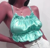 ASM0280 Bayan Su Yeşili Kare Pecete Saten Suit Büstier - 6