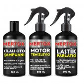 MERTOX ARAÇ ARABA OTOMOBİL OTO TEMİZLİK SETİ ÜRÜNLERİ CİLALI OTO ŞAMPUANI+MOTOR+LASTİK PARLATICI 3X500ML MALZEMELERİ - 1