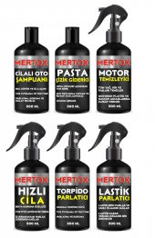 MERTOX ARAÇ ARABA OTOMOBİL OTO TEMİZLİK SETİ OTO ŞAMPUANI+PASTA+MOTOR+HIZLI CİLA+TORPİDO+LASTİK 6X500ML - 1