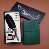 Deri Defter Ve Tüylü Mürekkepli Kalem Seti - 1